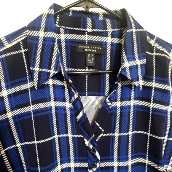 Susan Graver Weekend Liquid Knit Blue Black Long Sleeve Button Up Blouse, S - Picture 3 of 7